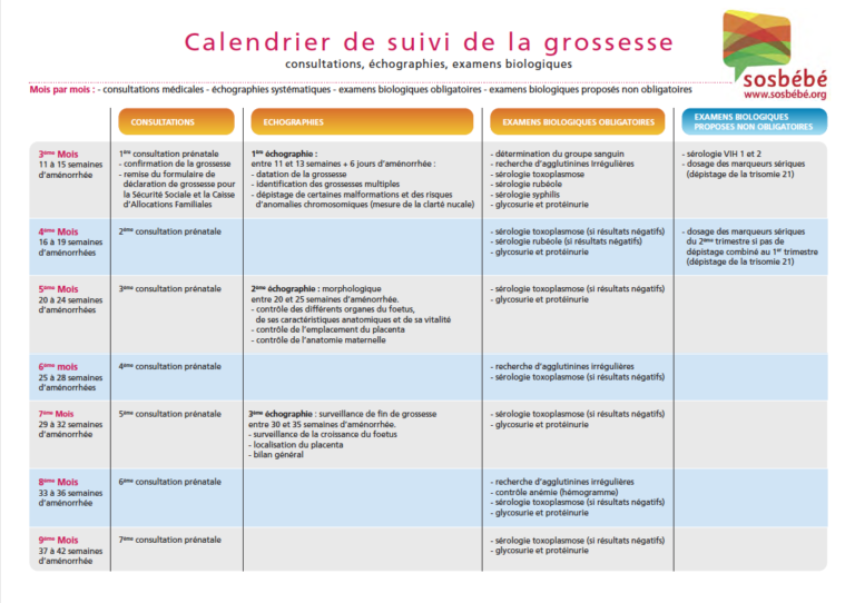 Calendrier médical de suivi de grossesse SOS BEBE